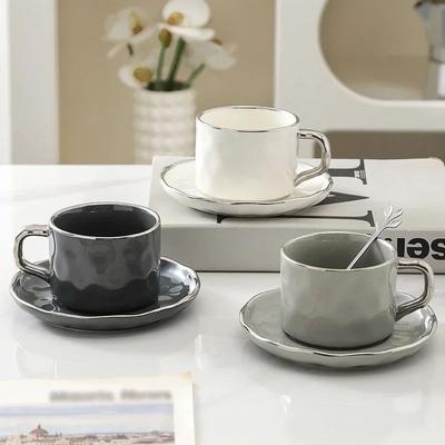 Inspired Living European Style Ceramic Coffee Cup & Saucer Set (230ml) With Spoon Elegant Solid Color Tea & Milk Mug white
