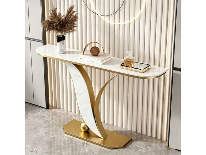Moderner Konsolentisch mit Sintersteinplatte, schmaler Eingangstisch Sinterstein-Oberfläche, Stabiles Metallgestell, Schmale Bauweise, Flur & Wohnzimmer(Gold+White,47.2 (120cm))