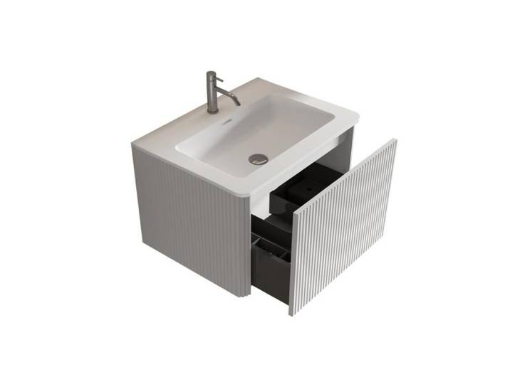 Meuble Vasque Mural MDF Blanc 61x46.5x37cm Vasque Fonte Minérale Rainuré Pré-assemblé pour Petite Salle de Bain