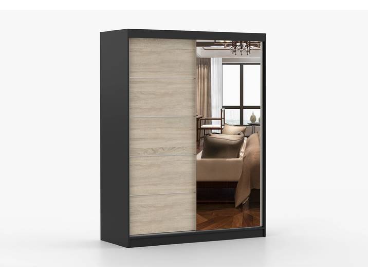 Schwebetürenschrank VISTA 05 150 cm Schwarz Sonoma Eiche + Spiegel Ohne LED-Beleuchtung
