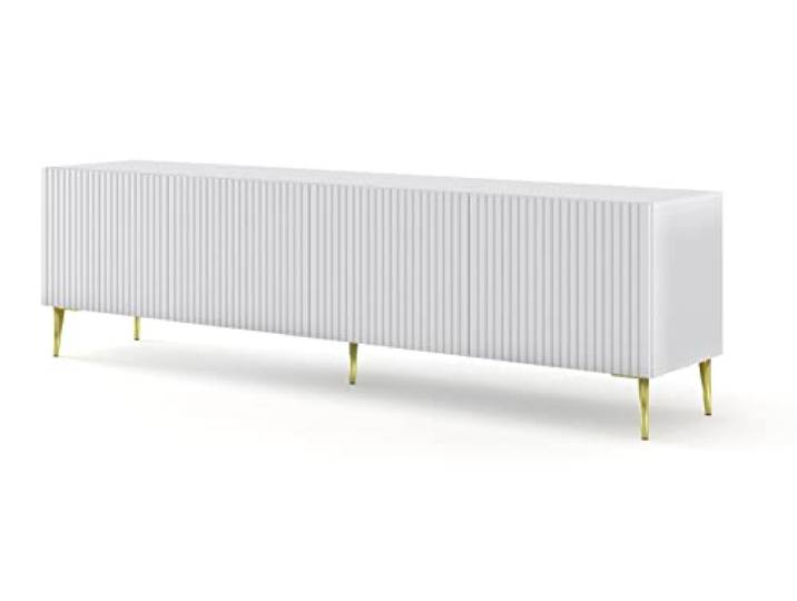 BIM Furniture Lowboard TV Schrank Ravenna B 4D 200 cm gefräste dekorierte MDF-Fronten auf goldenen Metallbeinen Stehen Unterschrank Fernsehschrank TV Board Sideboard HiFi-Tisch (Weiß Matt)