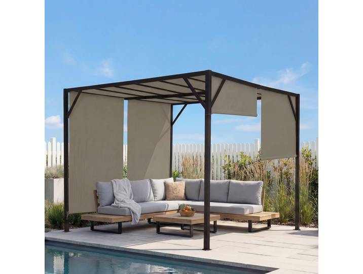 Pergola Baia, Garten Pavillon Terrassenüberdachung, stabiles 6cm-Stahl-Gestell + Schiebedach taupe 3x3m