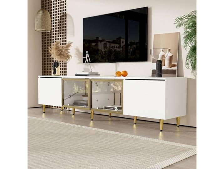 Meuble TV -Buffet Salon- Support TV mural-4 portes (2 portes vitrées) -Style minimaliste blanc-170x33x 40/170x33x30