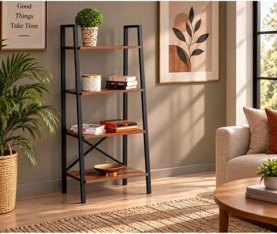 Furnia Modern Ladder Bookshelf with 4 Open Shelves, Freestanding Display Bookcase for Living Room, Bedroom and Home Office