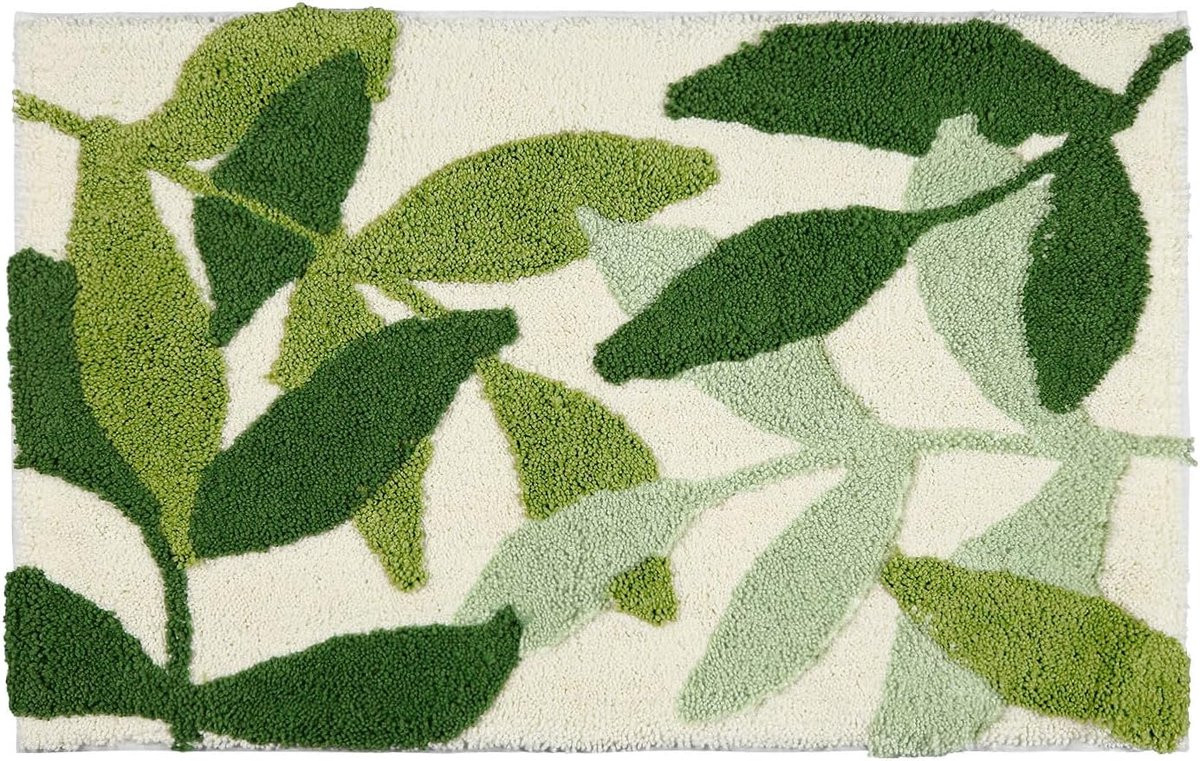 Antislip badmat met groene bladeren, waterabsorberend en machinewasbaar, 50 x 80 cm