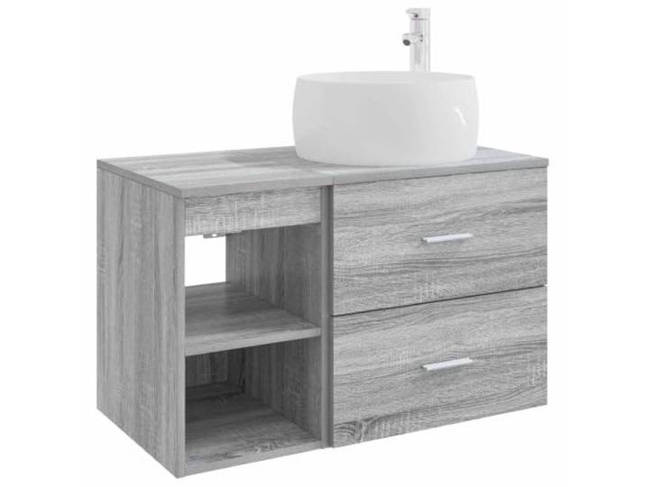 PUGYNBK Badmöbel-Set, 2-teilig, Sonoma Grau Wandmontage, technisches Holz, Schminktisch mit Schrank, Regalen und Schubladen
