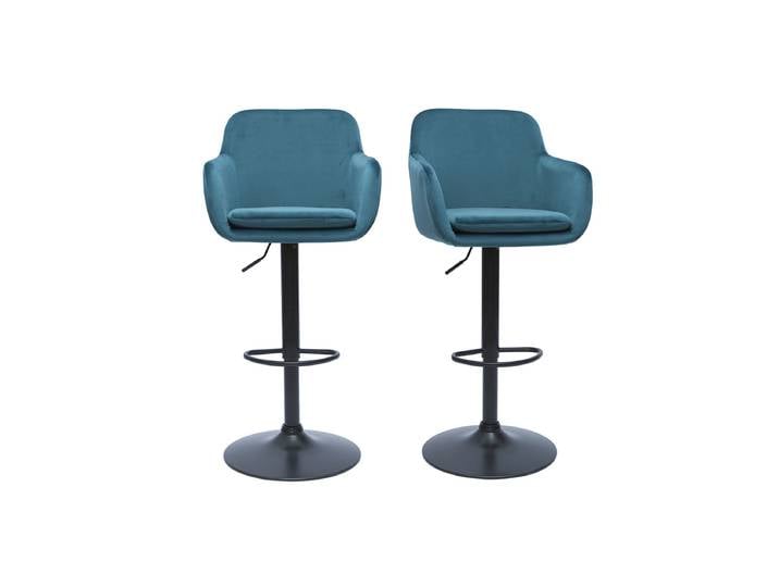 Barhocker höhenverstellbar aus petrolblauem Samt und schwarzem Metall (2er-Set) AMIKA