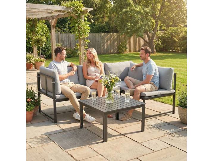Salon de Jardin Mobilier de Terrasse 3 Pièces 4 Places Modulable avec Accoudoir Réglable Coussins Épais 16cm Gris