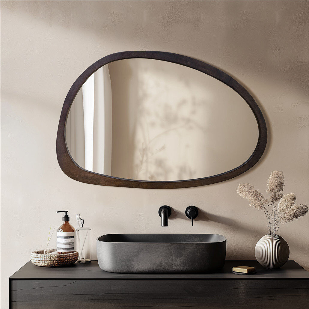 Metro Asymmetrical Wood Framed Wall Accent Mirror Brown Wood 90cm x 60cm