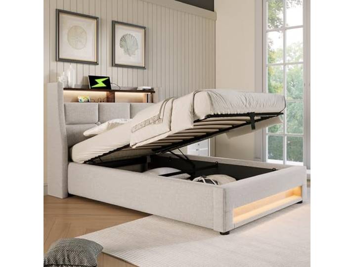 Ball & Cast Polsterbett (90x200cm) mit USB-Anschlüssen & Lichtleiste, Stauraumbett mit Metallrahmen-Lattenrost, Einfache Montage, Ohne Matratze, Beige