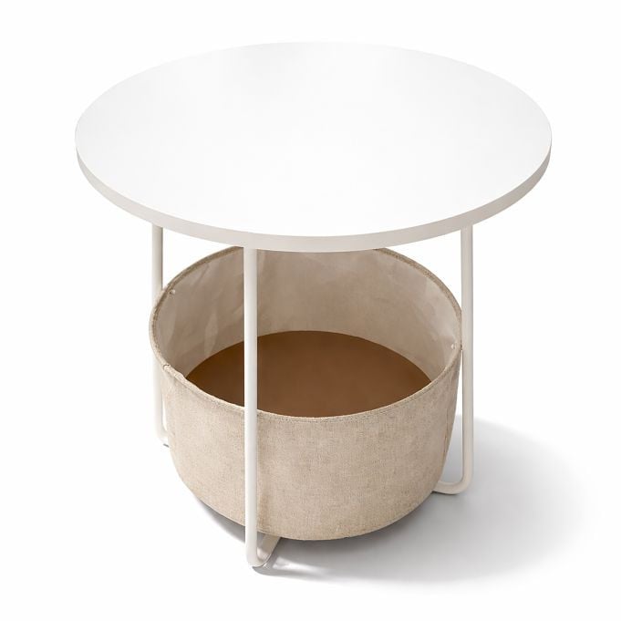 Relaxdays Ronde Bijzettafel met Stoffen Mand, Wit-Beige, B/D/H: 50 x 50 x 45 cm