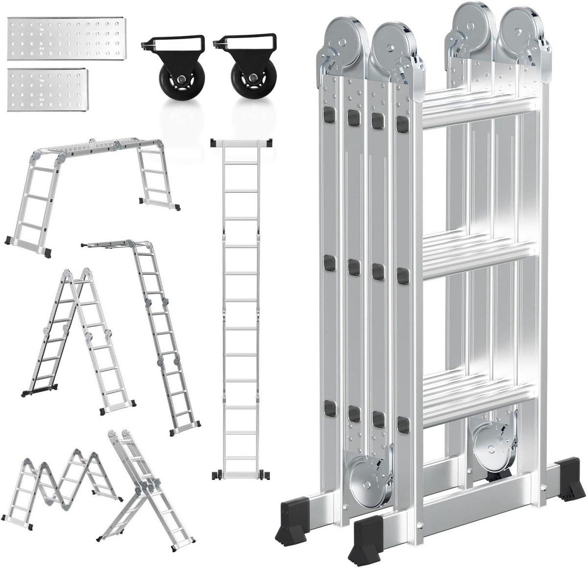 Multifunctionele 7-in-1 vouwladder werkplatform voor huis, tuin en garage, 360 cm, Zilver