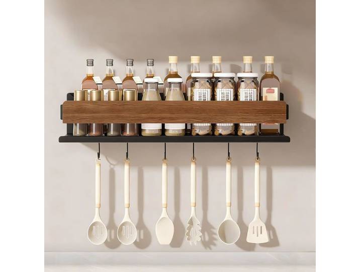 Étagère À Épices Bois Etagere Murale Cuisine Sans Percage Avec 6 Crochets Large Support Rangement Ustensile En Noyer Montage[AT283]