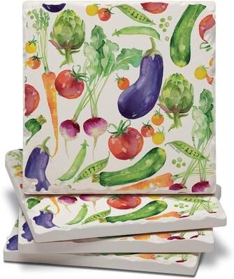 Thirstystone "Eat Veggies 4 Pack Assorted Tumbled Tile Stone Coasters with Protective Cork Backing 4"" Square Manufactured in The USA"