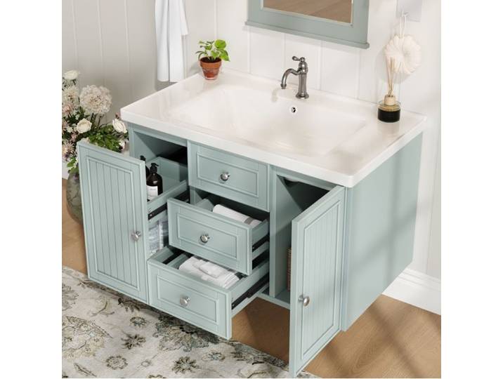 Meuble sous Vasque 3 Tiroirs 2 Portes et Vasque en Céramique - ELVMI - MDF Vert 78 5×46×46 8 cm