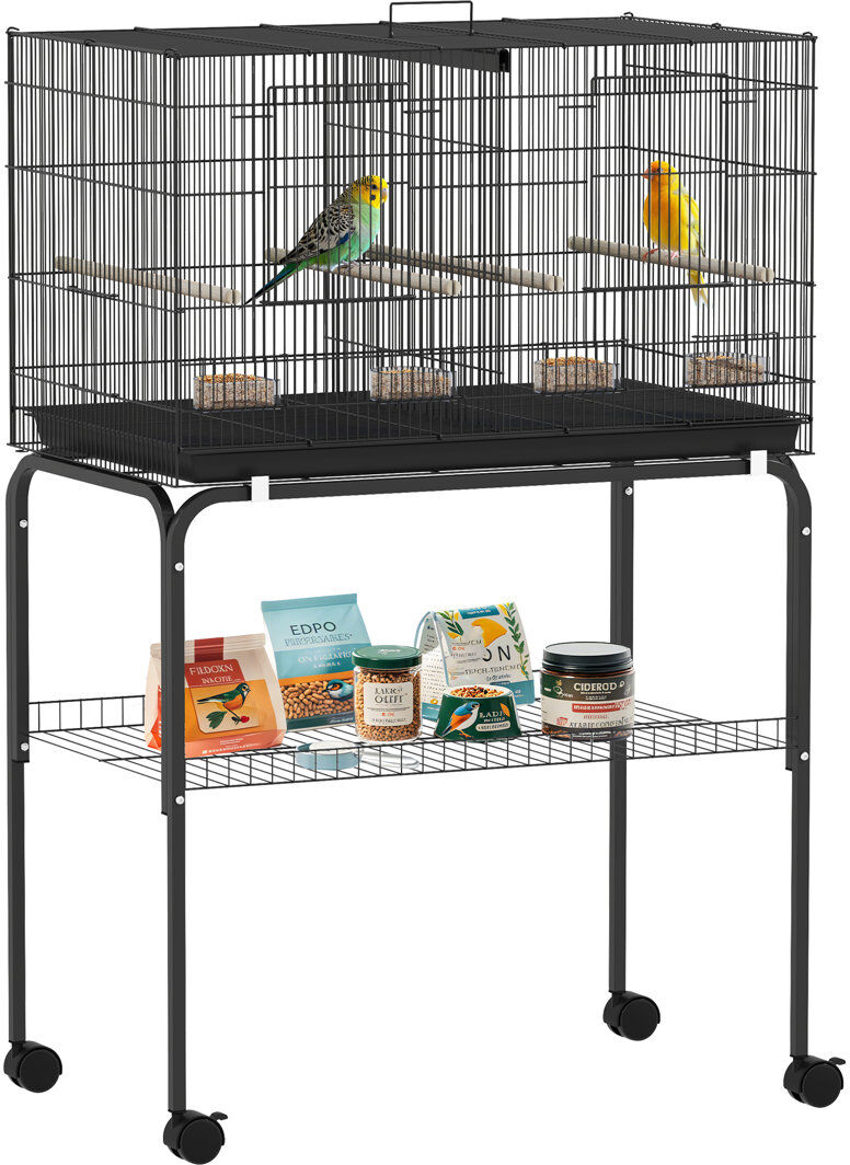 PawHut Bird Cage with Divider 4 Wooden Perches Slide Out Tray Black 116cm H X 76cm W X 46cm D