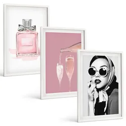 BILDER SET 3er Set - 40x60 cm Weißer Rahmen - Stilvolle pinkfarbene Accessoires