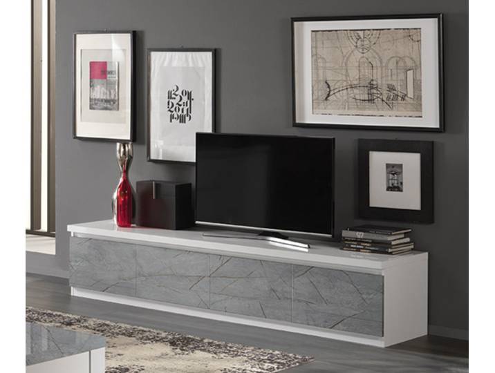Meuble tv 4 portes Roma laqué blanc/marbré gris Blanc/gris Marbré - Basika