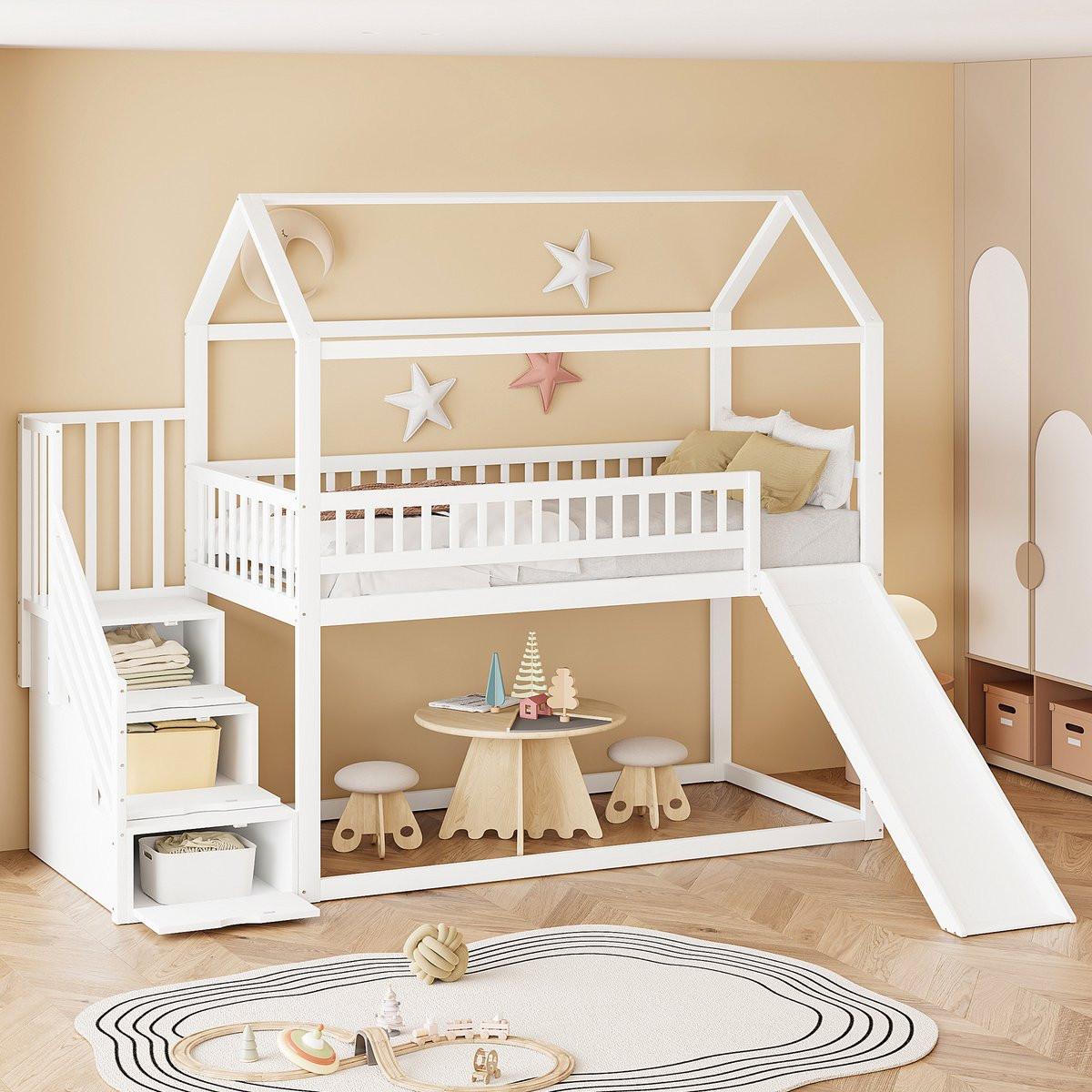 Wit massief grenen kinderhoogbed met glijbaan, opbergtrap en lades - eenpersoons - 90 x 200 cm