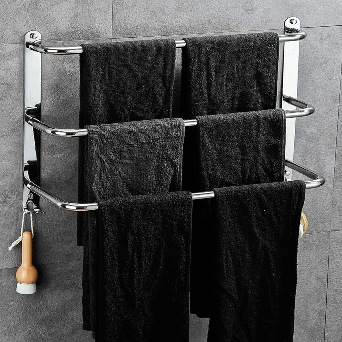 Zilverkleurige handdoekhouder van roestvrij staal met 3 niveaus, 50 cm breed, zonder boren