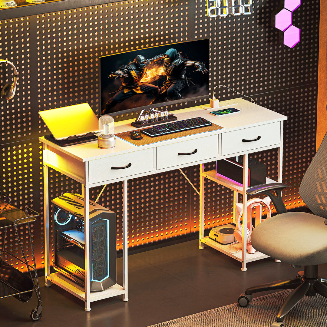 Borough Wharf HOMCOM Computer Writing Desk with Power Outlets, Drawers, Shelves White/White