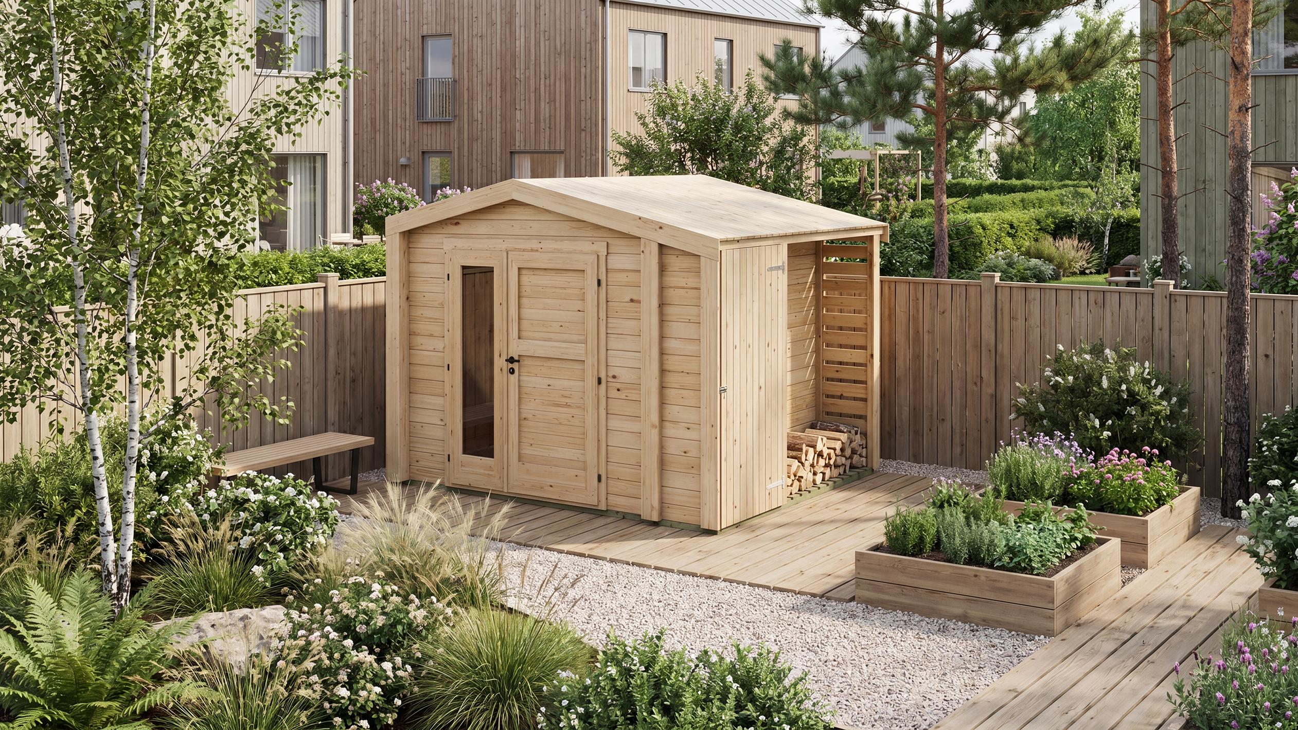 Gartenhaus Killarney, 300x300cm, Naturbelassen, 28mm, Regal Holzlager