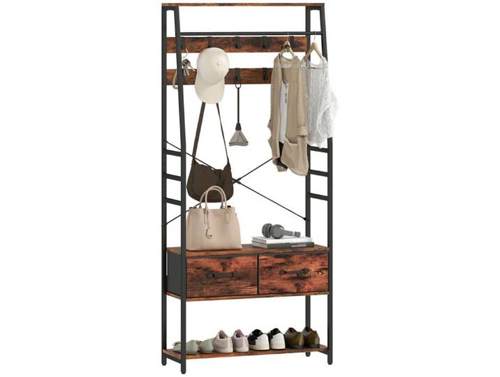 Garderobe avec rangement chaussures banc 10 crochets 2 tiroirs aggloméré métal brun PORTANT AMOVIBLE