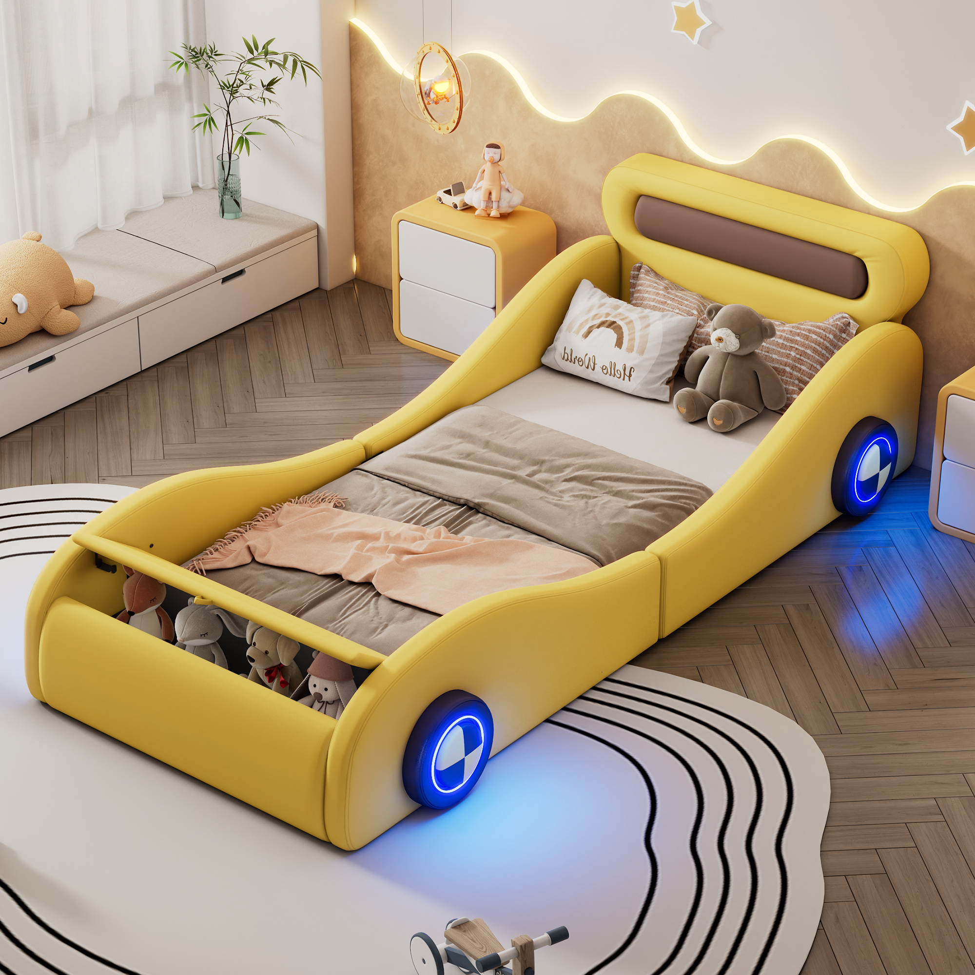 okwish Kinderbett 90x200 in Form eines Autos mit leuchtenden Rädern und Stauraum Gelb(Ohne Matratze)