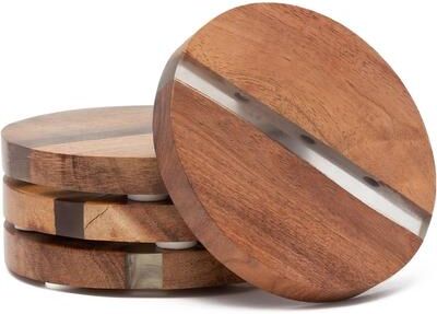 CounterArt 4 Pack Round Acacia Wood Absorbent Coasters with Decorative Resin Inlay Strong Durable Absorbent