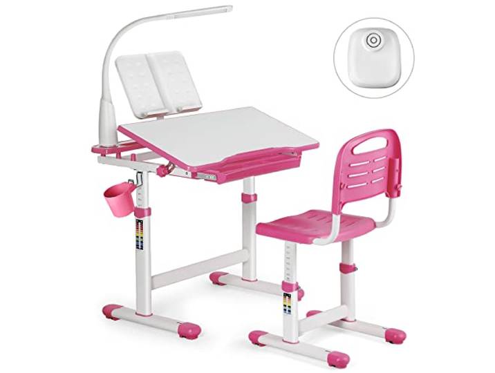 JOYLDIAS Kinderschreibtisch höhenverstellbar, Schülerschreibtisch Jugendschreibtisch mit Lampe, Schreibtisch Kinder mit Stuhl und Schublade inkl. kostenloser Kleineimer/Rosa