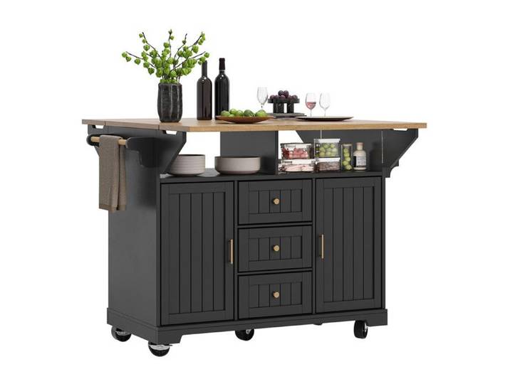 Îlot de Cuisine Chariot de Cuisine avec Plan de Travail Rabattable Buffet de Rangement Desserte Cuisine 2 Portes 3 Tiroirs