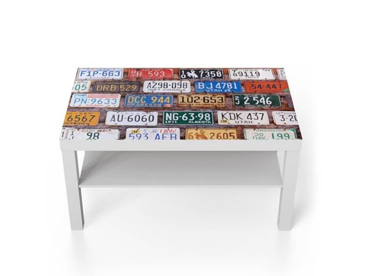 DEQORI Glastisch weiß groß 90x50 cm Motiv Kennzeichen-Mosaik ausgefallener Beistelltisch aus Glas Hochglanz Couchtisch fürs Wohnzimmer moderner Couch Tisch mit Design