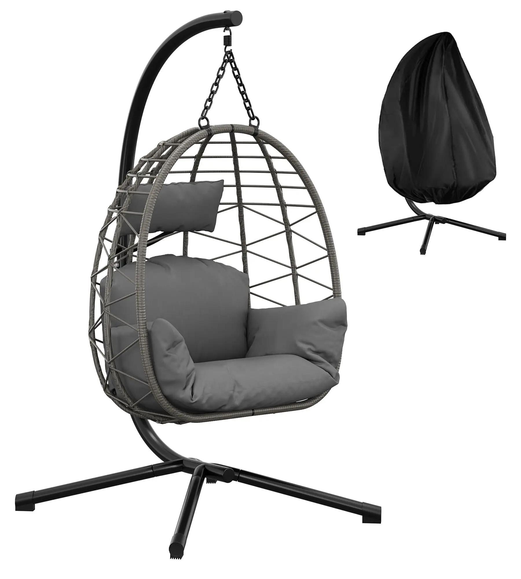 Outdoor Hängesessel & Hängeschaukel - Rattan mit Gestell - Kissen & Schutzhülle - Eisenrahmen - Bis 150 kg - Grau