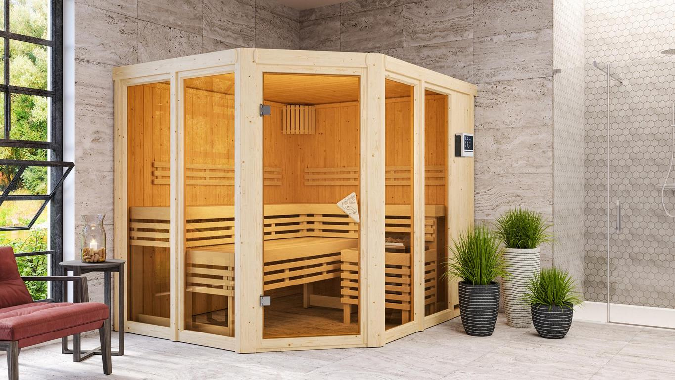 KARIBUHOLZT Sauna Ainur 3 Eck, 9kW ext. Strg. bronz.GGT 16879751