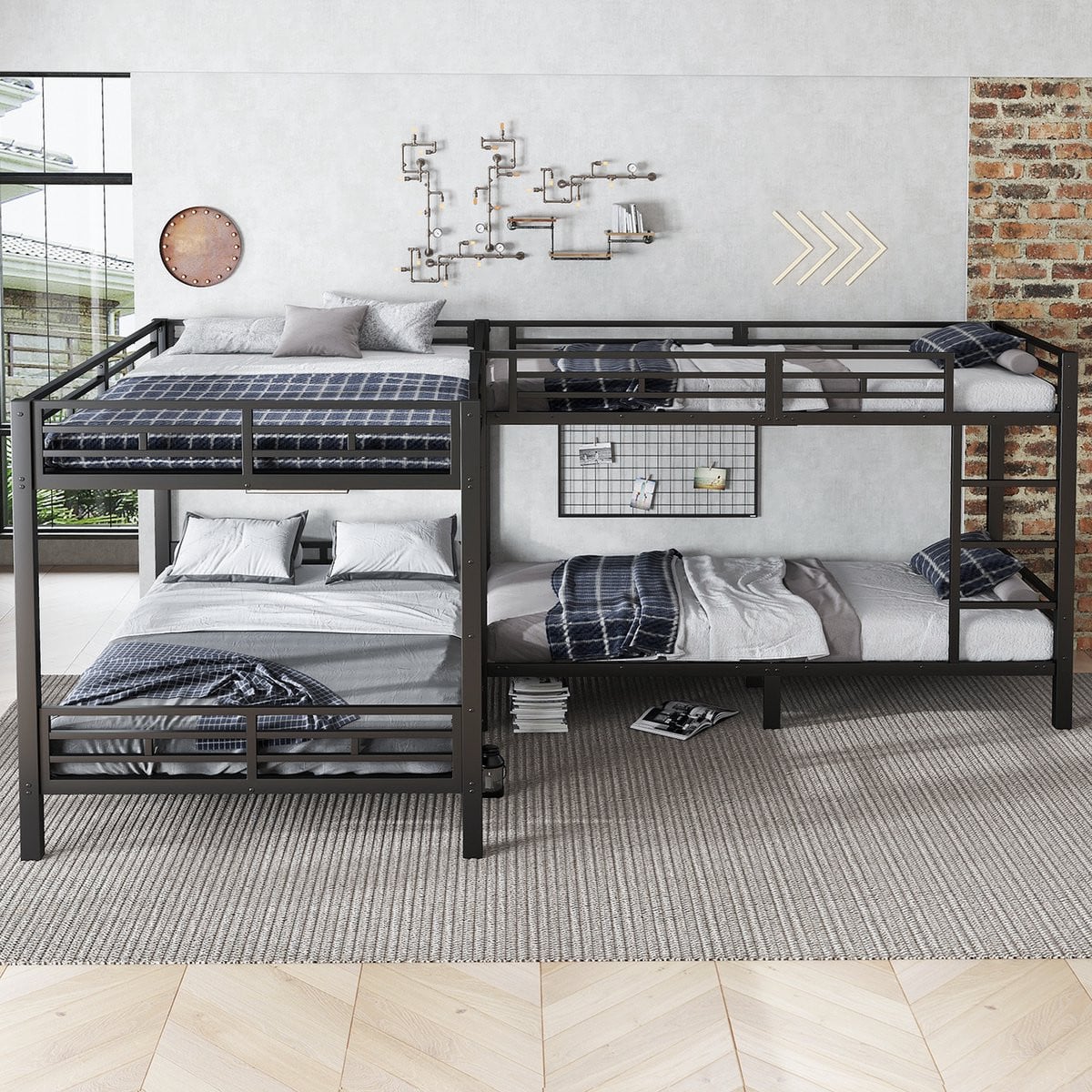 Zwart stapelbed met lattenbodem en LED-verlichting, 90 x 200 cm