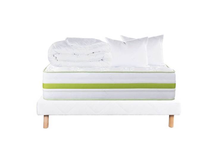 REVA - Pack Matelas + Sommier Tapissier Blanc 140x190 cm + 2 Oreillers + 1 Couette
