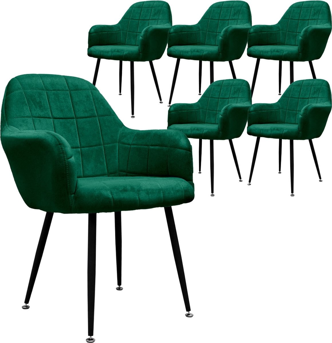 ECD Germany Set van 6 Eetkamerstoelen met Armleuningen, Donkergroen Fluweel, Zwart Metaal