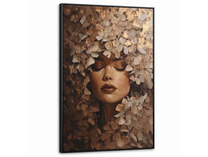 MuchoWow Leinwand Bilder mit Rahmen - Gesicht - Dame - Blätter - Pinselstriche - 80x120, Goldfarben, Rechteckig, 80x120 cm, gerahmt, Bilder & Rahmen, Bilder, Leinwandbilder