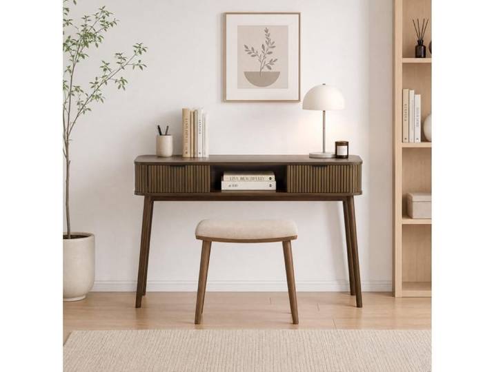 Konsole Mid-Century en imitation bois noyer - 2 tiroirs + compartiment ouvert - Table console 120x35x77.6cm