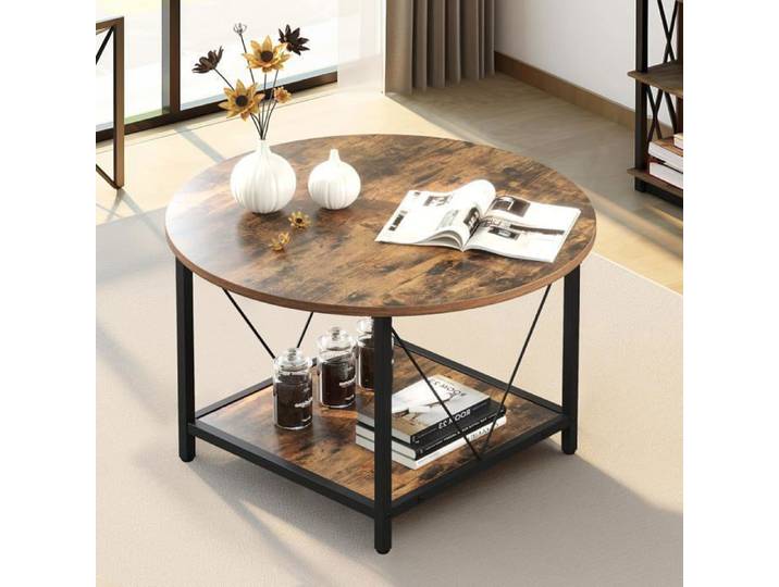BALCONERA Table basse ronde Style industriel vintage 2 étagère de rangement 80 x 80 x 46 cm