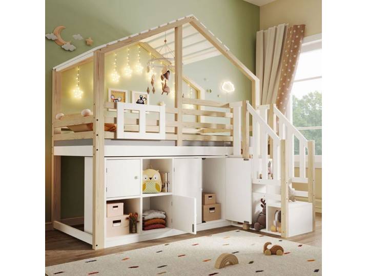 Lit mezzanine - SOGEU - Lit cabane mezzanine avec escalier - 90x200 cm - Bois pin - Rangements intégrés