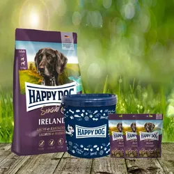 Happy Dog Supreme Ireland 4 kg + 3 x 100 g. Happy Dog Soft Snack Ireland + Futtertonne 20 Liter
