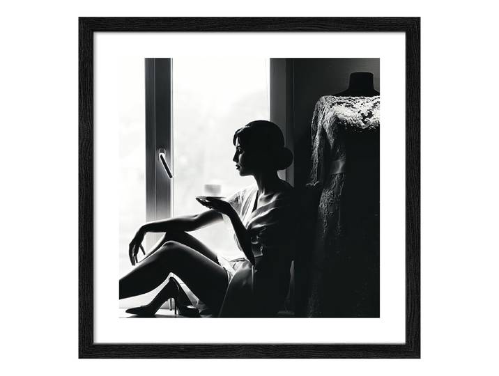 Holzbild Lady drinking Coffee Floatglas, MDF Schwarz/Weiß 33 x 33 x 1cm