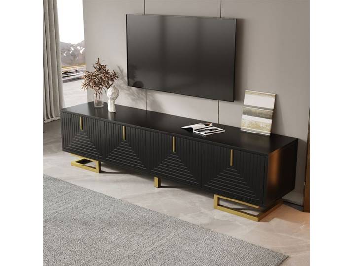 Meuble TV Maisentiel 180 cm noir et effet bois – design moderne rangements ouverts et fermés pieds métal noir