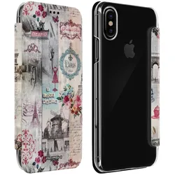 Akashi Flip-Schutzhülle Brieftasche mit Kartenfach iPhone X – – Salon de Paris (Apple iPhone X), Smartphone Hülle, Mehrfarbig