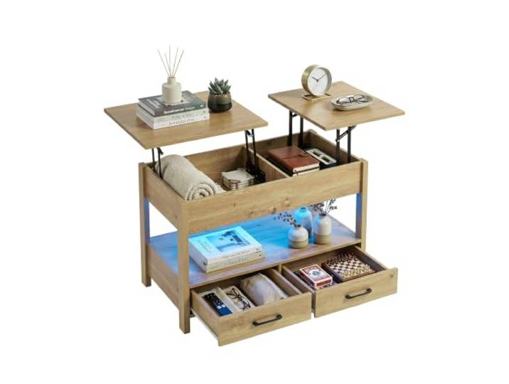 Amveya Multifunktionaler Couchtisch mit Stauraum, Höhenverstellbarer Couchtisch mit Schublade, Wohnzimmer Möbel, Beistelltisch Holz mit Stauraum, Tisch Wohnzimmer Modern