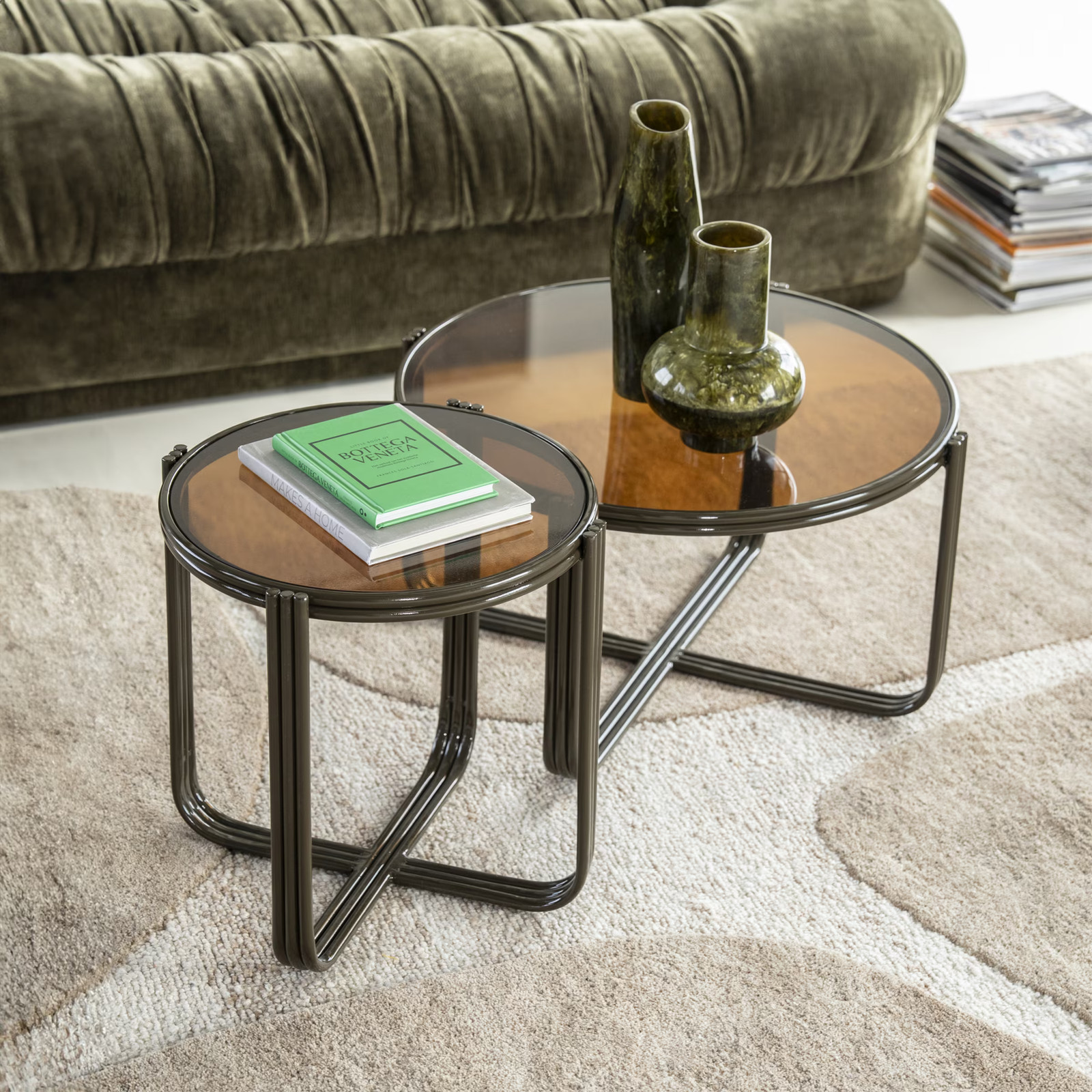 By-Boo Ronde Salontafel Groovy Set van 2 stuks, Glas, Bruin