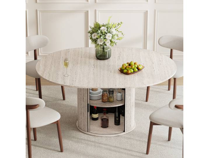 Table Extensible 6 Places En Bois Avec Rangement Intégré\, Plateau Rabattable Et Pied Design\, Blanc Pierre