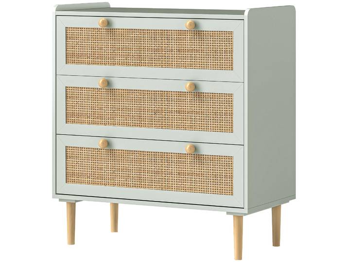 HOMCOM Schlafzimmer-Kommode mit 3 Schubladen, Rattan-Fronten, MDF, Grün