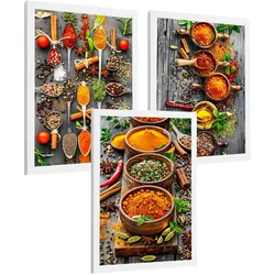 POSTER 3er Set Gewürze und Kräuter Wandbilder Aromatische Zutaten Food Fotografie Küche Esszimmer Deko Weißer Rahmen A4